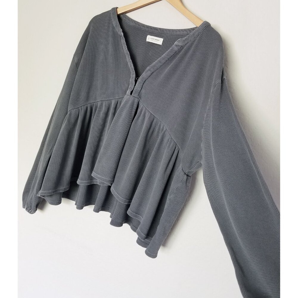 Lucky Brand Waffle Knit Peplum Top L Ebony Grey 100% Cotton Oversized Babydoll - Picture 16 of 16